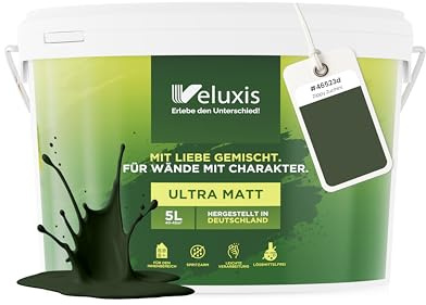 Veluxis Wandfarbe Grün Dunkelgrün Braun matt 5 L – Zippy Zucchini | Innenfarbe mit Deckkraft Klasse 1, VOC-frei, ohne Grundierung, tropfarm, für Wohnzimmer und Schlafzimmer