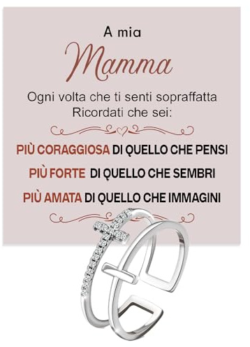 Anello Mamma per mamme Donne Nonne in Argento Sterling 925 Ispirazionale e di Incoraggiamento, Croce, Regolabile Festa della mamma - Cofanetto con DEDICA incluso