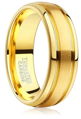 Vakki Ringe Gold Herren 8mm Wolfram Ring Eheringe für Männer mit Doppelten Rillen Einfach Kuppelring Größe 54.4(17.3)-67.2(21.4)