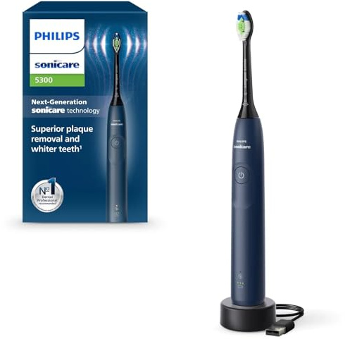 Philips Sonicare 5300 Cepillo de dientes eléctrico, cepillo de dientes sónico con 2 niveles de intensidad, alerta de presión, EasyStart, SmarTimer y BrushPacer, azul marino, modelo HX7103/01 [nueva