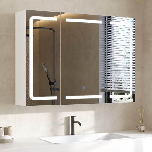 DICTAC Armoire de Toilette Miroir avec éclairage LED et Prise,Meuble Salle de Bain avec Rangement et Étagère Réglable,Armoire Murale avec 3 Portes Miroirs,Miroir Salle de Bain,80 x 60 x 16cm,Blanc