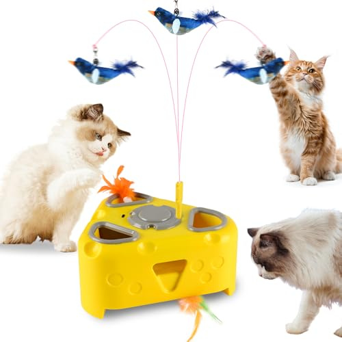 VICTERR Interaktives Katzen Spielzeug, Elektronisches Feder Spiel mit 6-Loch Maulwurf & rotierenden Federn, USB-aufladbar für Wohnungskatzen (Erwachsene & Kätzchen) Gelb