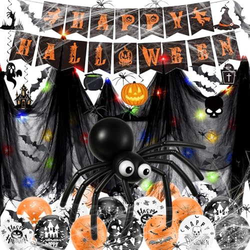 Halloween Party Decoration Scary Fabric - Gruselig Luftballons Deko, 5 Meter Lange Bunte LED-Lichterkette, Horror Happy Halloween Garland, Spirals Ceiling Decoration, Skeleton Ghosts, Fledermaus Deko