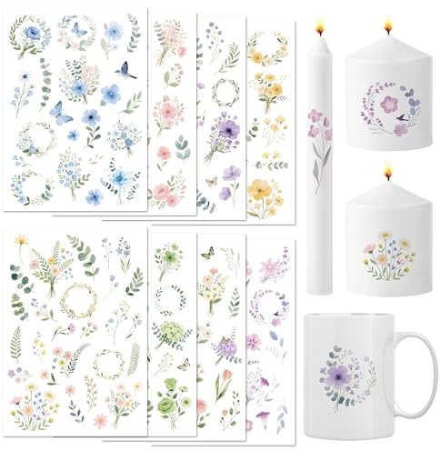 BIROYAL Groß 8 PCS Kerzentattoos (150+ Muster, 24x17cm), Wassertransferdruck |Wasserschiebefolie Kerzen | Kerzenfolie | Kerzenaufkleber Sticker |Kerzen Dekorieren Flowers für Glas Holz Möbel Keramik
