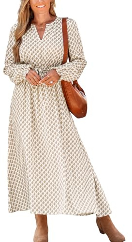 CUPSHE Damen Maxikleid V-Ausschnitt Langarm Blumenmuster Hohe Taille Bindegürtel Elegantes Langes Kleid Hochzeit Alltag