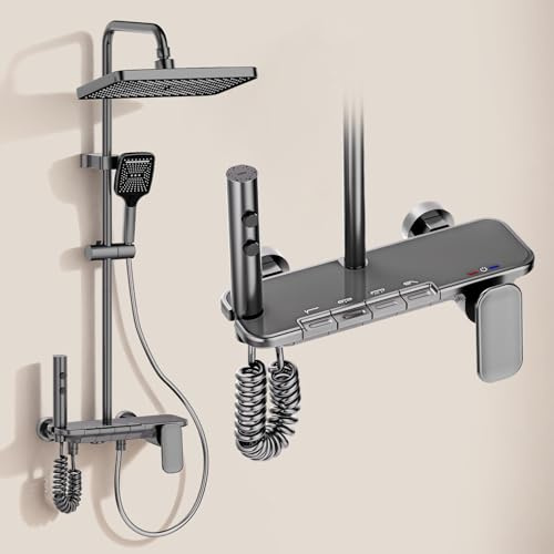 YJYAJIE Quadratische Regendusche mit Armatur Set, Duscharmatur Komplettset - Handbrause, konzentriertem Strahl und Wannenarmatur, Verstellbarer HöHe 95-135cm, Gunmetal Grau
