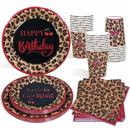 Heboland Juego de vajilla con estampado de leopardo rojo, 100 piezas | Sirve para 25 invitados, platos de guepardo rojo cereza, vasos, servilletas, decoraciones de cumpleaños con temática salvaje