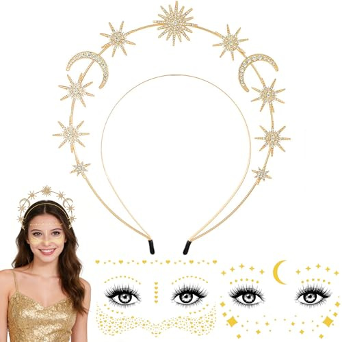 Stern Mond Stirnband,Haarreif Sterne,Gesichtstattoo Sterne,Sonne Mond star haarreif,Stirnbänder stern Und mond,Haarband Glitzer Haarschmuck Für Halloween Cosplay Maskerade Geburtstag Kostümparty