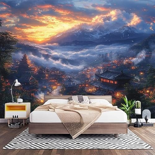 Fotomurales Decorativos Paisaje Urbano de MontañA Papel Pintado Pared 300x210 cm Estilo Chino Papel Pintado Tejido No Tejido Decoración de Pared, Salones, Habitaciones Moderna Fotográfico