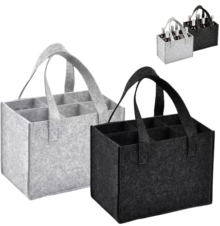 Rthynti 2PCS Felt Wine Bottle Carrier Bags, Portable Bottle Bags for Wine x 6, Carrier with Handle for Storing Carrying Beer Champagne Drinks Carrier(Dark Grey,Light Grey)