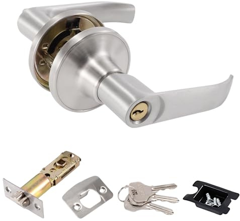 ECVUKQ Door Handle with Lock Brass, Interior Door Lever Handle Lock Doors Locks Set Privacy Security Bedroom Doors Locks with 3 Keys for Bedroom Bathroom Kitchen Office (Silver)