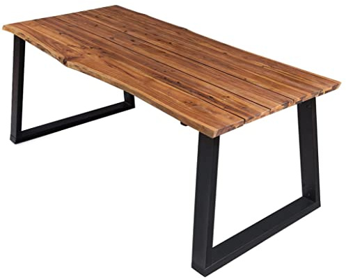 Qnhdfrt Tavolo da pranzo in legno di acacia massiccio, 170 x 90 x 75 cm, robusto tavolo in legno con bordo naturale e struttura in metallo a forma di U, moderno tavolo da pranzo in stile industriale