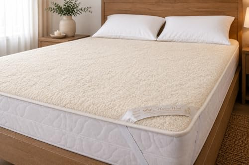 Merino Wool Merinoull sängkläder, naturlig sängkläder ull madrass topper fleece lakan naturlig produkt årstider vändbar ull underfilt hörnremmar (160 x 200 cm)