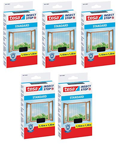 tesa® Insect Stop Fliegengitter STANDARD für Fenster, nahezu durchsichtig (1,10 m x 1,30 m / 5er Pack, anthrazit) (1,1m:1,3m / 5er Pack)