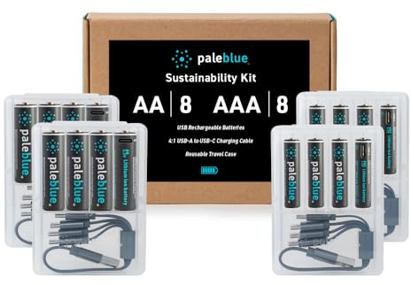 USB Rechargeable Smart Batteries by Pale Blue, Lithium Ion, Under 90 Minute Charge Time, Over 1000 Cycles, 4-in-1 USB to USB-C Charging Cable, LED Charge Indicator (8 AA and 8 AAA Batteries)