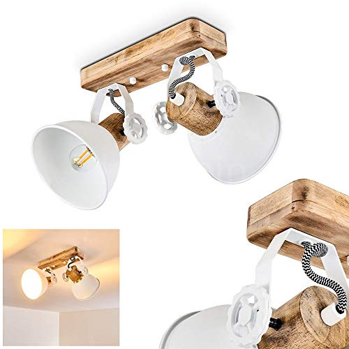 HOFSTEIN Deckenleuchte Orny, verstellbare Deckenlampe aus Metall/Holz in Weiß/Naturfarben, moderne Leuchte im Industrial/Retro/Vintage-Design, 2 x E27, Wohnzimmer, Esszimmer, Schlafzimmer, Küche