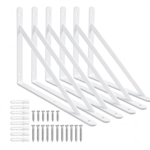 Starvast Wandregal, 6 Stück dreieckige Halterungen von 90 Grad aus Stahl, Regalwinkel 400 mm x 250 mm, Winkelhalterung mit 30 Schrauben und 12 Anker (weiß)