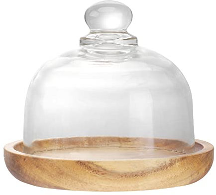 DOITOOL Mini Glass Cake Stand Glass Dome with Wooden Base Clear Bell Jar Dome Cover for Dessert Cheese Candy, 10.5 x 10.5 x 9.5cm