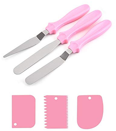 TSHAOUN Juego de EspáTulas Para Glaseado 3 EspáTulas de Acero Inoxidable con 3 Raspadores de PláStico Para Pasteles Para Untar Crema, DecoracióN de Pasteles (Rosa)