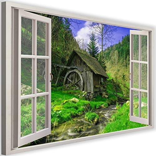 Feeby Vlies Leinwandbild Offenes Fenster 3D-Illusion 90x60 cm Druckbild Wandbild Wanddekoration Deko Wand Aesthetic Strom Hügel Mühle Blau