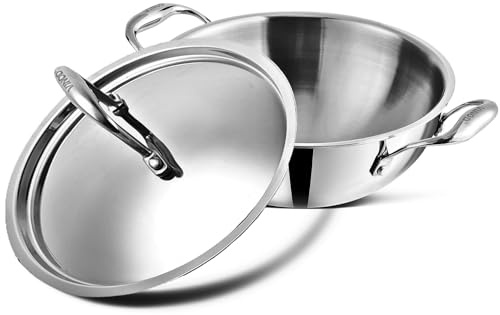 Vinod Platinum Extra Deep Stainless Steel Tri Ply Kadai Wok Saucepan Induction Friendly with Stainless Steel Lid (28 cm.Diameter-4.8 LTR.)