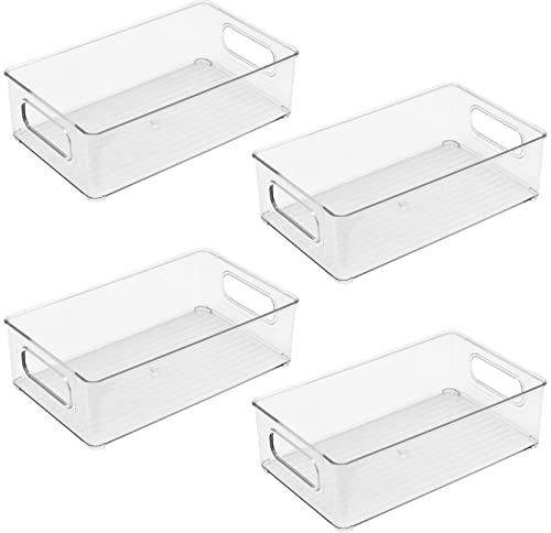 HEIHAK Set of 4 Clear Fridge Organisers Bins, 25.5 x 15 x 7.6 cm Stackable Storage Organiser with Handle, Plastic Kitchen Storage Container for Refrigerator, Pantry, Cupboard