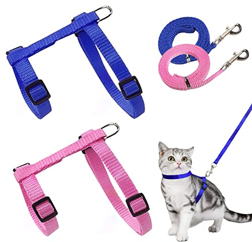 2 Stück Verstellbare Nylon Geschirre Katzenleine, Blau Rosa Geschirre Katzenleine Kätzchenhalsband，Weiche Katzengeschirr mit Leine für Kätzchen Welpe