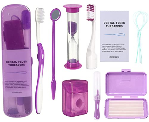 Braces Cleaning Kit for Teeth, Portable Orthodontic Toothbrush Kit Oral Care Dental Travel Kit - Interdental Brush Dental Wax Dental Floss Toothbrush Box (Purple B)