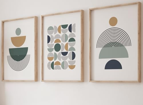 Eviepops Prints Misty Blue Geometric Set of 3 Unframed Wall Print, Abstract Geometric Shapes, Home Decor, Mid Century Modern Wall Art, Blue Green Beige (A4)