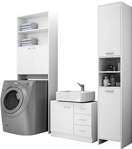 Casaria® Set Mobili Bagno 3 Pezzi Arredamento Toilette Bianco Mobile Alto Mobile Sottolavabo in Legno Mobile Lavatrice Armadietti Mobiletto Colonna