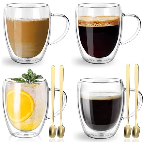 4 Vasos de Cristal de Doble Pared de 350 ml, Tazas de Café de Cristal, Tazas para espresso, Vasos de Doble Pared con Asa, Tazas de Vidrio Borosilicato, Vasos Cafe para Café con Leche,Capuchino,Jugo