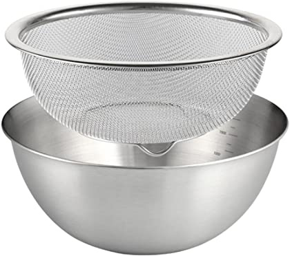 304 Stainless Steel Colander with Mixing Bowl, Rice Washing Bowl Colander Food Strainers Set, Pasta Spaghetti Rice Rinser Strainer Washer, 24cm