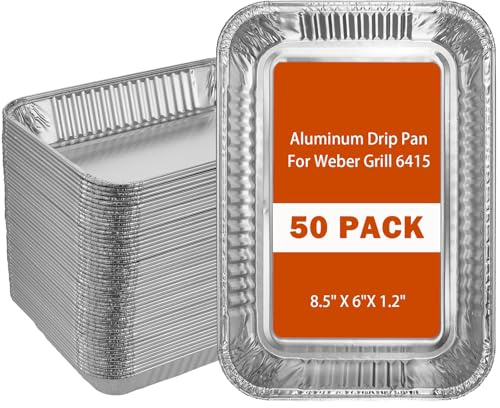 Whaleme 50 Pack Grill Drip Pans Compatible Weber 6415 - Grill Accessories for Weber Spirit, Genesis, Traveler, Q Series, Disposable Aluminum Foil Grease Tray Liners 8.5 X 6 (50 Pack)