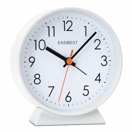 EASIBEST No Ticking Silent Alarm Clock,Easy to Read and Use,Ascending Sound,1 AA Battery Operated,Snooze Light,Bedside Desk Clock,White