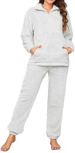Tuopuda Pigiama Donna Invernale Pigiami Due Pezzi, Pigiama Pile da Casa con Tasche Zip Felpa Manica Lunga e Pantalone Lungo, Indumenti da Notte Sleepwear, Grigio Chiaro, L