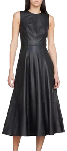 Schaffell Leder Langes Kleid Frühling Herbst Frauen Schafleder Ärmellose Weste Langer Rock, Schwarz , Small
