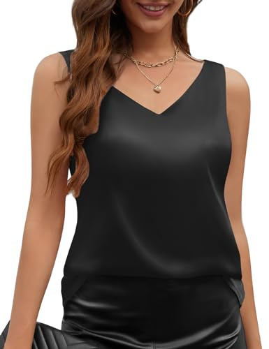 CMTOP Débardeur Femme Chic et Élégant sans Manches Col en V Chemisier Sexy Satin Camisole D'été Basique Blouse Haut Décontracté Caraco Tops Casual Cami Débardeur(Noir,S)