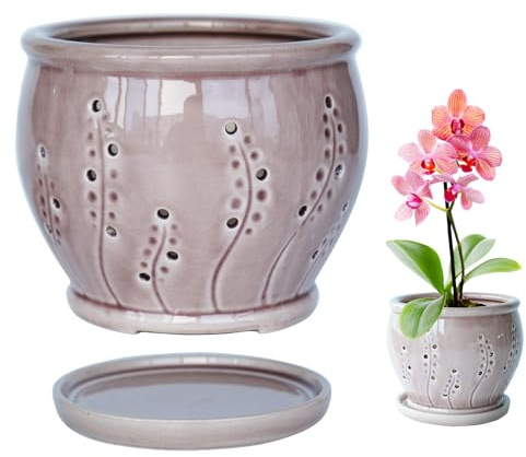 Orchideentöpfe mit Löchern, 15,2 cm, Keramik-Orchideentopf zum Umtopfen, Sukkulenten-Übertöpfe für Pflanzen, atmungsaktiver Schlitz-Orchideen-Übertopf (Rosarot)