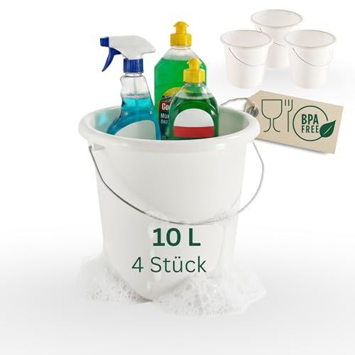 Novaliv 4 Stück Eimer 10L Weiß mit Maßeinteilung - Putzeimer 10 Liter ? 28,5 cm Praktischer Allrounder mit Skala für Haushalt & Garten ideal als Haushaltseimer, Wassereimer, Wischeimer, Bucket