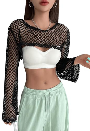GORGLITTER Super Crop Top damer transparent fisknät topp cropshirt crochet för cover up festival outfit toppar, svart, M