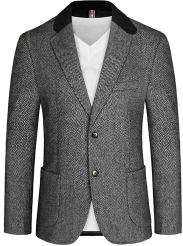 PJ PAUL JONES Men Blazers Suit Herringbone Tweed Sport Coat British Two Bottom Wool Blend Vintage Jackets Black XL