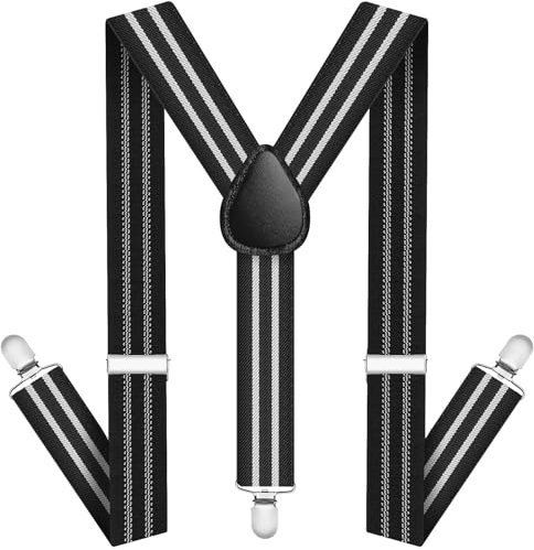 AUYAO Hosenträger für Herren Streifen Hosenträger Herren Stark Breit 2,5 Cm mit Sehr Starken 3 Metall Clips Einstellbar Elastisch Einheitsgröße Hosenträger Männer Damen Breit Lang Y Form(Schwarz weiß)