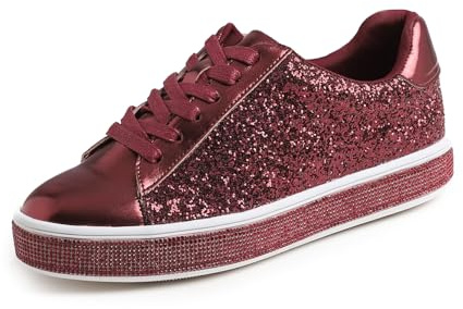 Feversole dammode gnistrande plattform strass fest semester bröllop sneakers, Vinröd glitter, 40 EU