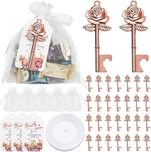 Juego de 50 abrebotellas con forma de flor de rosa, recuerdos de boda con etiqueta de bolsa de dulces y cinta para suministros de fiesta de boda, fiesta, despedida de soltera, decoración de invitados