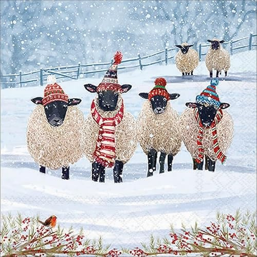 20 Servietten Weihnachten Lustige Winterschafe als Tischdeko. Papierservietten mit Motiv. Auch für Decoupage und Serviettentechnik 33x33cm