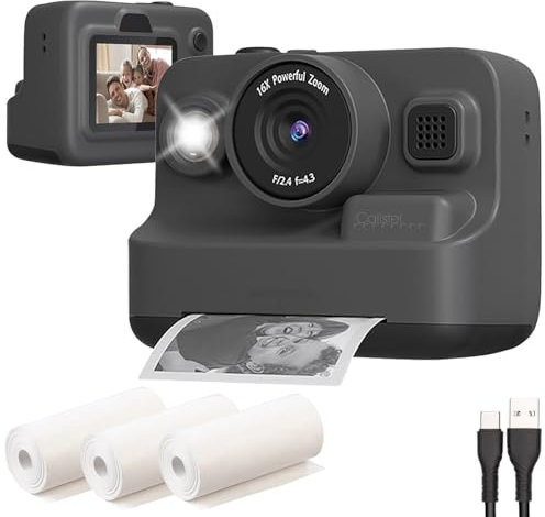 Callstel Kamera mit Drucker: Full-HD-Sofortbildkamera mit Thermodrucker, Display, Akku, 16x-Zoom (Thermodruck Kamera, Thermo Sofortbildkamera, Druckerpapier)