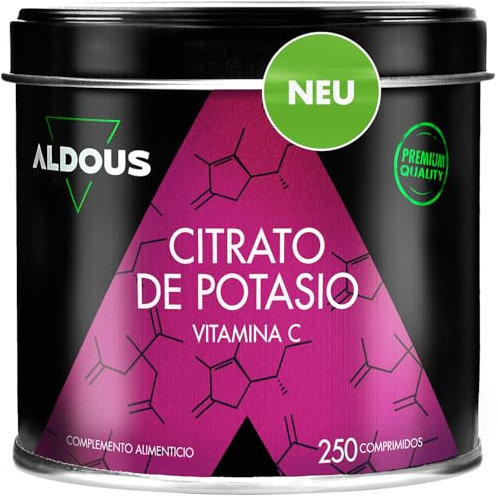 Citrate de potassium 3705 mg - 250 comprimés non enrobés - Potassium pur 1000 mg + Vitamine C 80 mg - Supplément sportif - Muscle, pression sanguine, système nerveux - Sans plastique - ALDOUS
