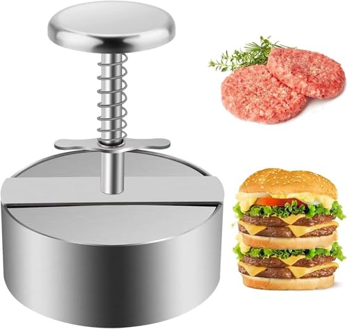 XRZXZN 304 Stainless Steel Burger Press - 4.5 Adjustable Hamburger Patty Maker with Non-Stick Mold & Spring Button, Heavy Duty Easy Release for Beef, Burgers, BBQ (Dishwasher Safe & Rustproof)