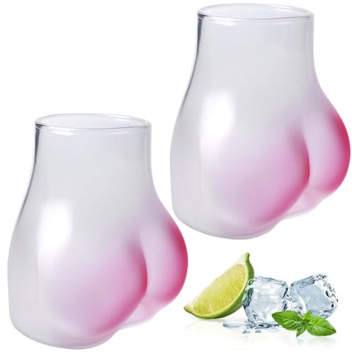 GOMETY Taza Divertida en Forma de Trasero: Set de 2, Vidrio Borosilicato Transparente, Resistente a Rayones y Adecuado para Diversas Bebidas, Ideal para Fiestas y Fotografía (450 ml, Rosa)