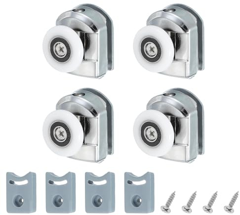 sourcing map 25 mm Shower Door Rollers, Single Shower Door Runners Wheels Pulleys Guides Plastic Top Wheels with Anti-Collision Block & Screws for Glass Doors 4-6mm Silver 4 Pcs